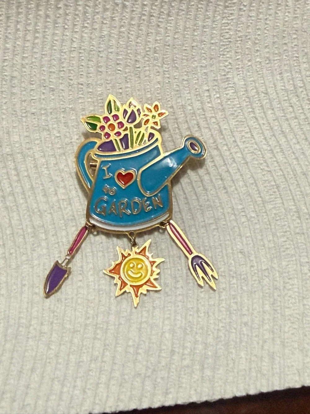 I Love Garden Blue Watering Can Floral Brooch